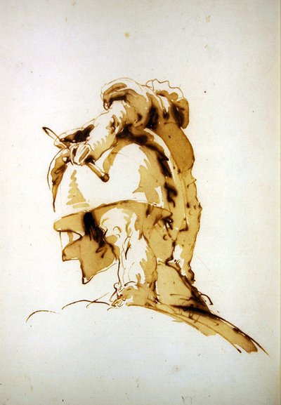 Un homme debout vu de dos, tenant un bâton et atteignant un sac - Giovanni Battista Tiepolo