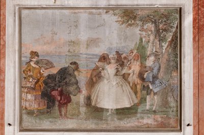 Logements des invités, la chambre des scènes de carnaval : "Pantalone et Colombine", une scène avec des masques - Giovanni Battista Tiepolo