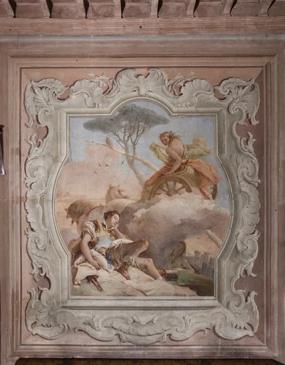 Palazzina : vue de la quatrième salle ou de Torquato Tasso, avec fresques représentant des épisodes de "Jérusalem délivrée" : "La sorcière Armida voit Rinaldo, qui dort, et tombe amoureuse de lui" - Giovanni Battista Tiepolo