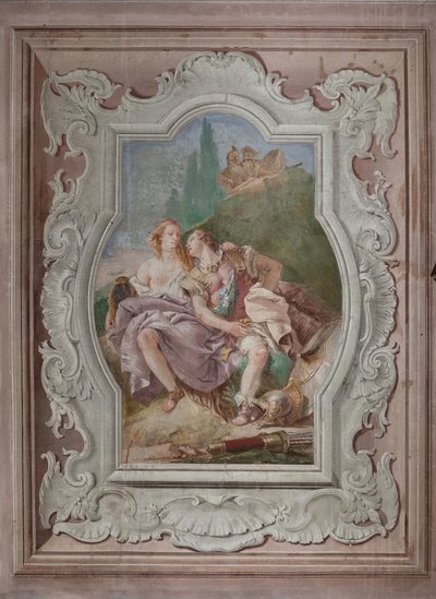Palazzina : vue de la quatrième salle ou de Torquato Tasso, avec fresques représentant des épisodes de "Jérusalem délivrée" : "Rinaldo et Armida dans le jardin enchanté, secrètement observés par Ubaldo et Carlo" - Giovanni Battista Tiepolo