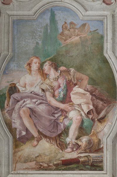 Palazzina (Petit bâtiment) : vue de la quatrième salle ou de Torquato Tasso, avec des fresques représentant des épisodes de "Jérusalem délivrée" : "Rinaldo et Armida dans le jardin enchanté, observés secrètement par Ubaldo et Carlo" - Giovanni Battista Tiepolo