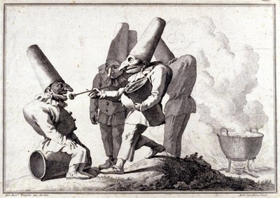 Le groupe de Pulcinella (Polichinelle italien). Dessin à la plume et lavis sur marque de crayon par Giovanni Battista (Giambattista) Tiepolo (1696-1770). - Giovanni Battista Tiepolo