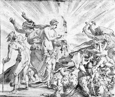 Le mythe de la boîte de Pandore, dessin du Rosso - Giovanni Battista (after) Rosso