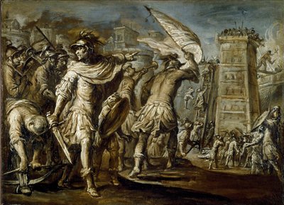 Première croisade : « Le condottiere génois Guglielmo Embriaco lors de la prise de Jérusalem » - peinture monochrome de Giovanni Battista Carlone - Giovanni Battista Carlone
