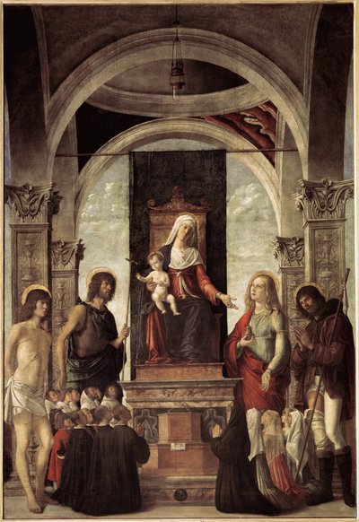 Conversation sacrée, vierge avec enfant entourée de Saint Jean-Baptiste, Saint Sébastien, Saint Roch, Sainte Marie-Madeleine - Giovanni Battista Cima da Conegliano