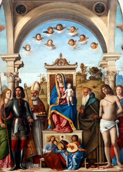 Madone et Enfant en majesté avec les saints Catherine, Georges, Nicolas, Antoine Abbé, Sébastien et Lucie - Giovanni Battista Cima da Conegliano