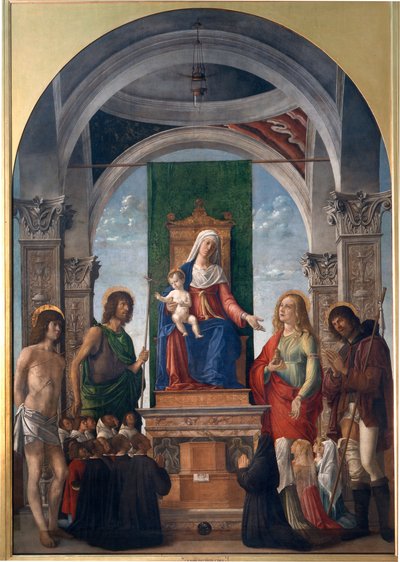 Madone et enfant en majesté avec Saint Sébastien, Saint Jean-Baptiste, Sainte Marie-Madeleine, Saint Roch et des membres de la Confrérie de San Giovanni Evangelista - Giovanni Battista Cima da Conegliano