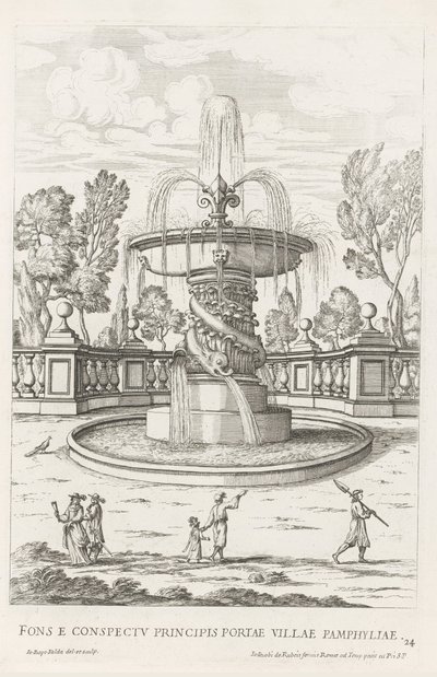 Fontaine avec des dauphins dans les jardins de la Villa Doria Pamphilj à Rome - Giovanni Battista Falda