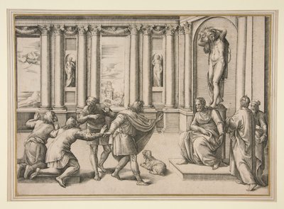 Homme assis sous une statue de Bacchus, recevant une audience - Giovanni Battista Franco (called Il Semolei)