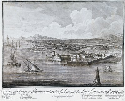 Vue du port de Livourne lors de son achat par les Florentins en 1421, gravure de la Collection des meilleures vues de la ville et du port de Livourne - Giovanni Battista Guerazzi