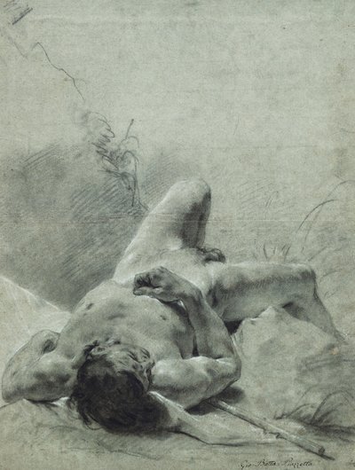 Un jeune homme nu étendu sur le dos, sur une berge, allongé sur un étendard - Giovanni Battista Piazzetta