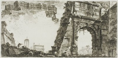 1. Arc de Titus. 2. Villa Farnese. 3. Colonnes du Temple de Jupiter Stator. 4. Arc de Septime Sévère. 5. Temple de la Paix, planche six de Quelques vues d