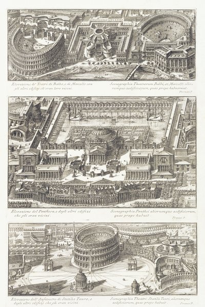 Vue aérienne : les théâtres Balbo et Marcello, le Panthéon et ses environs, et l