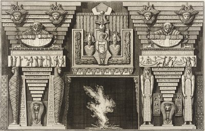 Cheminée de style égyptien : deux momies de profil à gauche et deux figures portant des obélisques à droite. - Giovanni Battista Piranesi