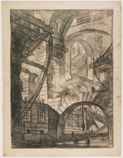 Perspective des arches, avec un feu fumant, Planche 6 de Carceri d