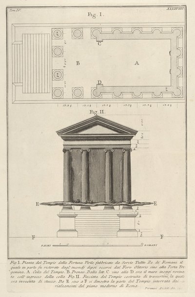 Plan et façade du Temple de Fortuna Virilis (Tempio della Fortuna Virile), de la s..., 1756 - Giovanni Battista Piranesi