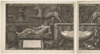 Page de titre avec sculptures, reliefs sculptés et un sarcophage avec titre Vases, chandeliers, pierres tombales, sarcophages, trépieds, lampes et ornements conçus et gravés par Giovanni Battista Piranesi (titre de la série) Vasi, candelabri, cippi, sarcof - Giovanni Battista Piranesi