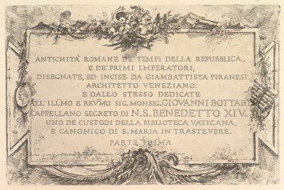 Page de titre : Antiquité romaine du temps de la République et des premiers empereurs, vers 1748 - Giovanni Battista Piranesi