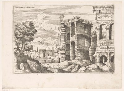 Vue sur le Colisée et ses environs à Rome (Ruines romaines, Praecipua aliquot Romanae Antiquitatis Ruinarum Monimenta) - Giovanni Battista Pittoni (I)