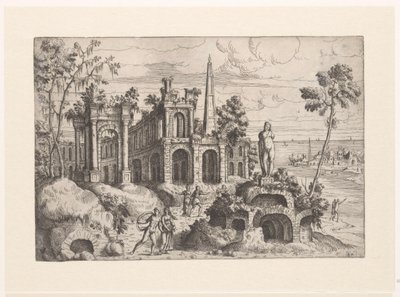 Paysage avec ruines antiques, sculpture et obélisque, Paysages avec ruines (titre de la série) - Giovanni Battista Pittoni (I)
