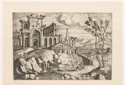 Paysage avec ruines et architecture fantastique au bord de l