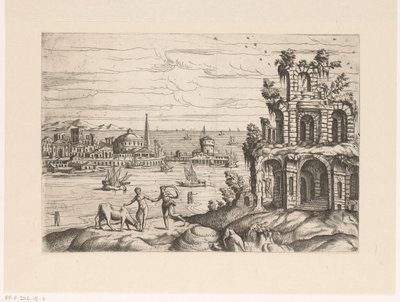 Paysage urbain avec ruines et architecture fantastique au bord de l
