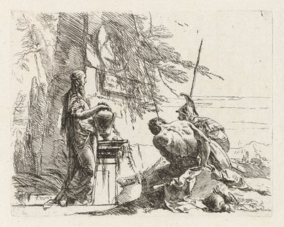 Une femme avec ses mains sur un vase, un soldat et un esclave, de Vari capricci - Giovanni Battista Tiepolo