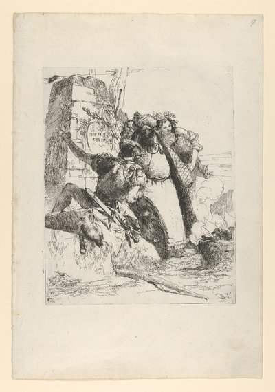 Un magicien, un soldat et trois personnages regardant un crâne en feu de la série Scherzi - Giovanni Battista Tiepolo