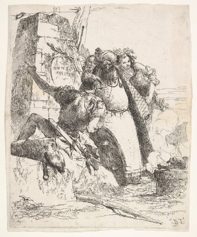 Une scène de nécromancie : une femme portant un récipient, un homme turbané et un soldat regardant - Giovanni Battista Tiepolo