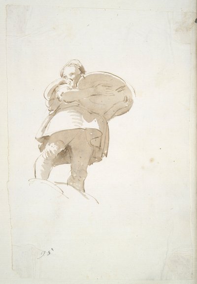 Figure masculine portant un plateau, vu d