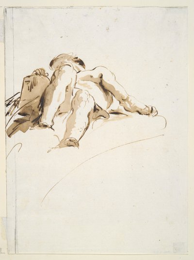 Nu masculin allongé avec la main droite reposant sur une tablette de pierre, vu d