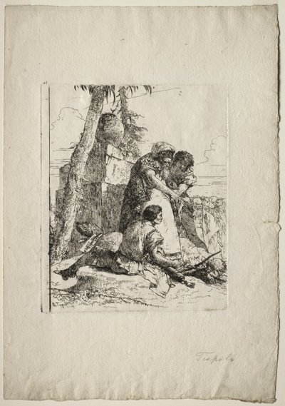 Scherzi di Fantasia : Magicien montrant une tête brûlante à deux jeunes - Giovanni Battista Tiepolo