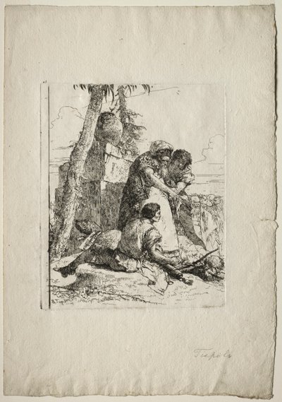 Scherzi di Fantasia : Magicien montrant une tête brûlante à deux jeunes, 1750s - Giovanni Battista Tiepolo