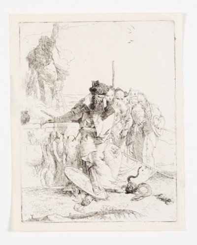 Six personnes regardant un serpent. Feuille de la série Scherzi di fantasia. - Giovanni Battista Tiepolo