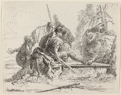 Soldat assis sur une tombe avec des figures environnantes - Giovanni Battista Tiepolo