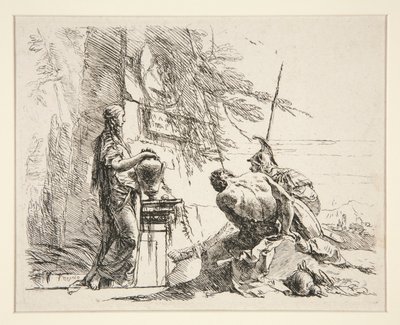 Femme debout et homme assis devant un obélisque, de la série Vari Capricci - Giovanni Battista Tiepolo