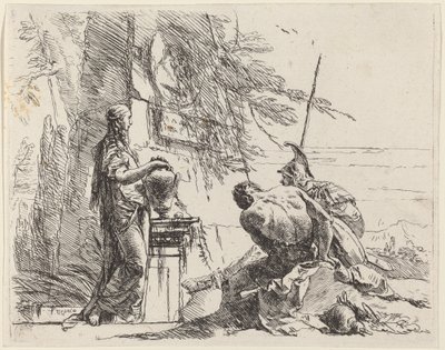 Femme debout et hommes assis devant un obélisque - Giovanni Battista Tiepolo