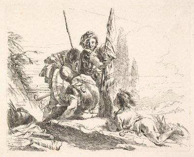 Trois soldats et un jeune homme allongé sur son abdomen dans un paysage, les soldats portent un..., vers 1740-42 - Giovanni Battista Tiepolo