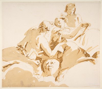 Zwei sitzende Frauen und ein Junge auf Wolken - Giovanni Battista Tiepolo