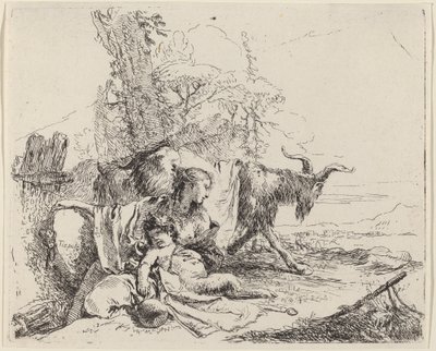 Femme, enfant satyre et chèvre dans un paysage - Giovanni Battista Tiepolo
