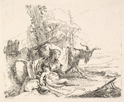 Femme et satyre enfant dans un paysage, la femme se tournant pour regarder par-dessus son épaule gauche - Giovanni Battista Tiepolo