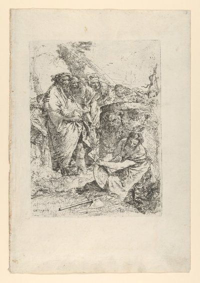 Femme agenouillée devant des magiciens et d