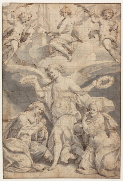 Un ange couronne une femme agenouillée et un soldat agenouillé, tandis que deux anges dans les nuages volent avec des branches de palmier et un troisième joue de l