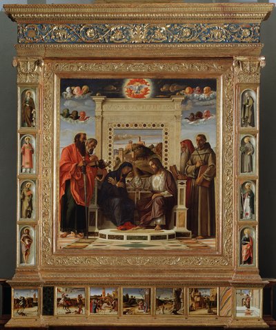 Retable Bellini : partie centrale Couronnement de la Vierge entre Saint Pierre et Saint Paul (à gauche) et Saint Jérôme et Saint François d