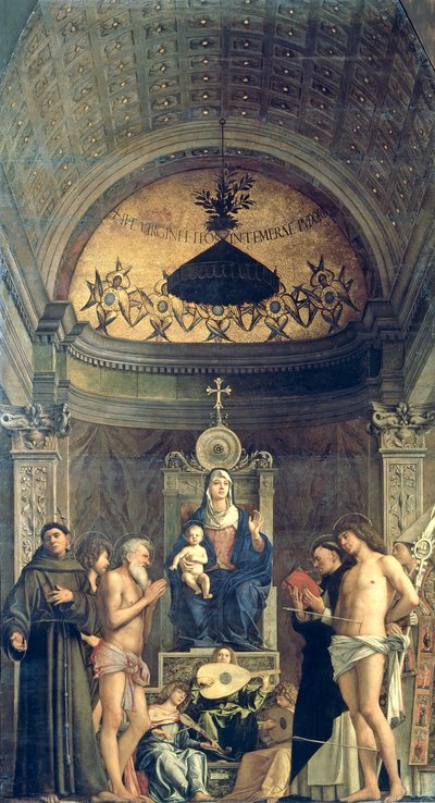 Madone et Enfant en trône entre Saint François, Saint Jean-Baptiste, Job, Dominique, Sébastien et Louis (le Retable de San Giobbe) c.1487 - Giovanni Bellini