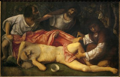 Ivresse de Noé (Noé, ivre, est découvert nu par ses trois fils, Sam et Japhet, qui veulent couvrir leur père, sont retenus par le méchant Cham) (peinture de Giovanni Bellini) - Giovanni Bellini