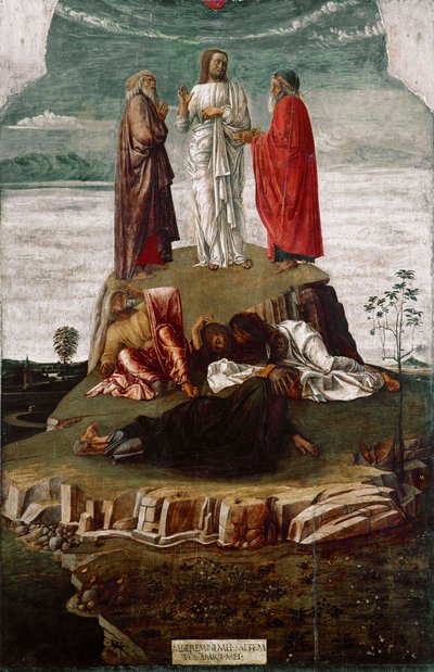 La Transfiguration Peinture de Giovanni Bellini (vers 1432-1516) dit il Giambellino. 1455 Dim. 134x68 cm Venise, Museo Correr, n. 27 - Giovanni Bellini