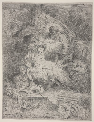 La Nativité avec Dieu le Père, la Colombe du Saint-Esprit et les Anges (eau-forte) - Giovanni Benedetto Castiglione