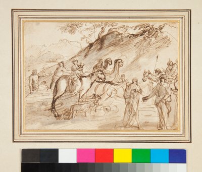 Rencontre entre deux hommes, chevaux et chameaux en arrière-plan - Giovanni Benedetto Castiglione