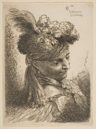 Jeune homme de trois quarts à droite portant un chapeau de fourrure avec une plume, un bijou - Giovanni Benedetto Castiglione